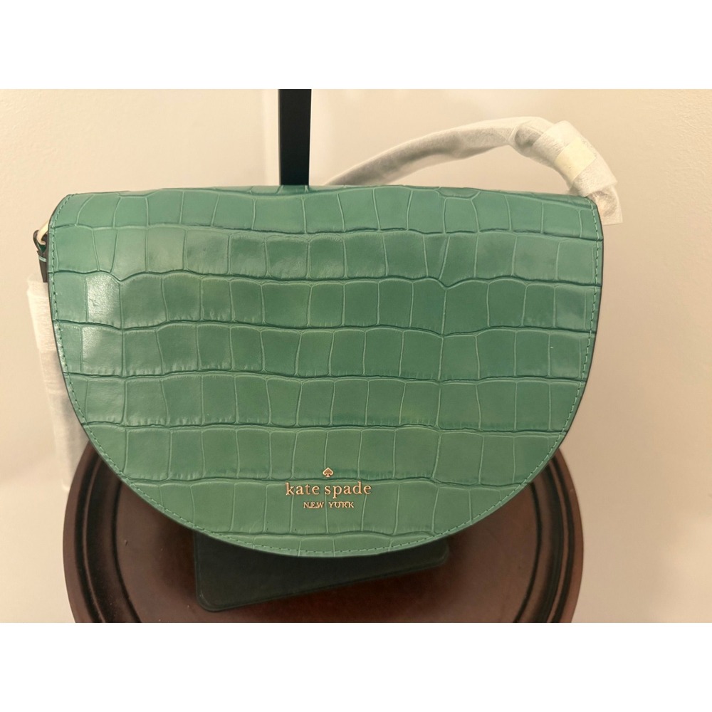 Kate Spade NY Luna Crescent Crossbody Woodland Green Croc-embossed Leather NWT